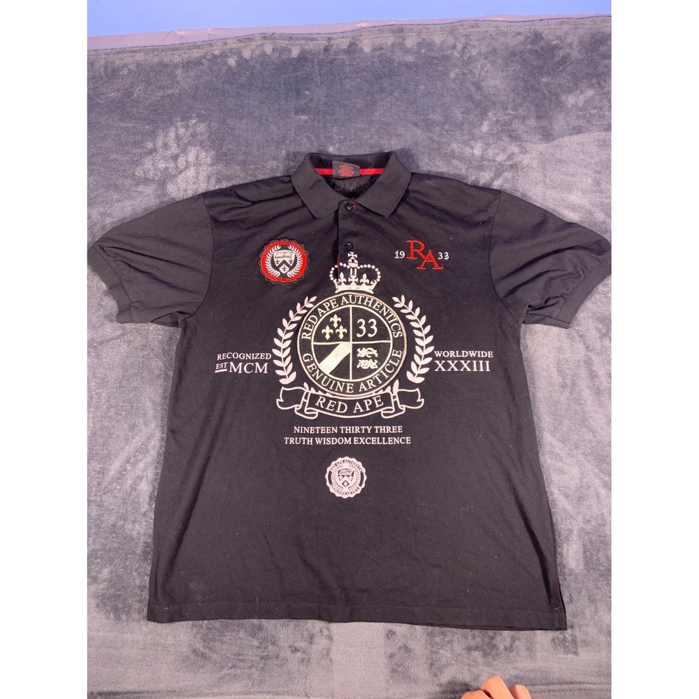 Red Ape Authentics Genuine Article Men's Polo XL Black Large Chest Graphic